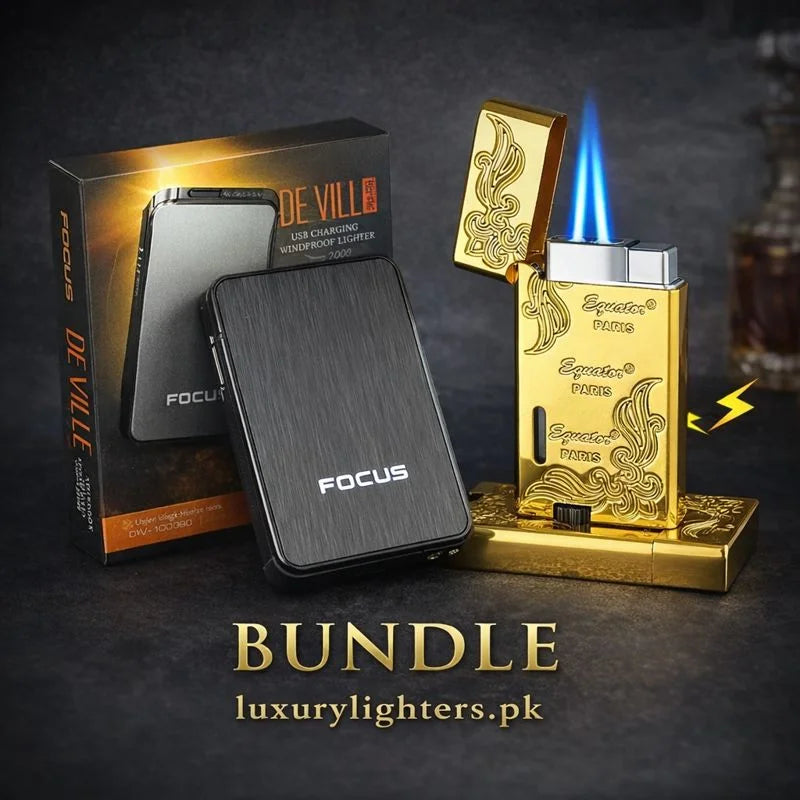 Gold lighter and black cigarette case with packaging on a dark background