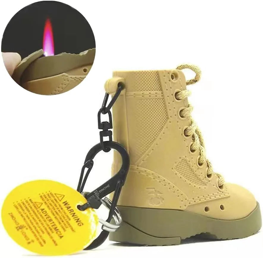 Tan boot with a keychain lighter attached on a white background
