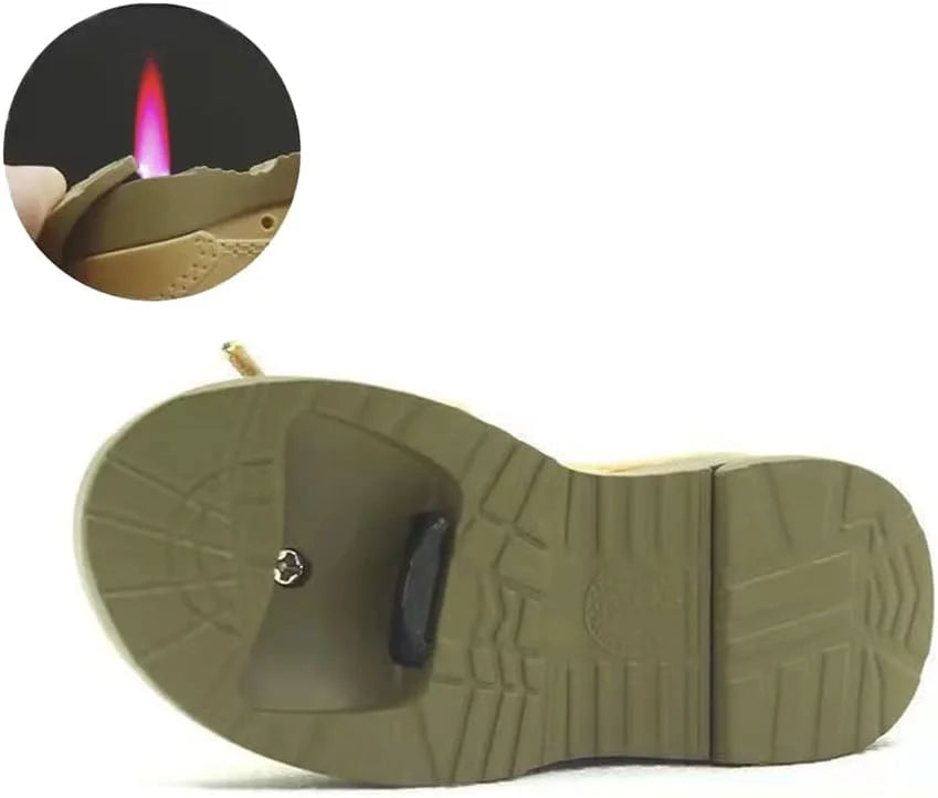 Candle in the shape of a sandal with a close-up inset showing a flame.