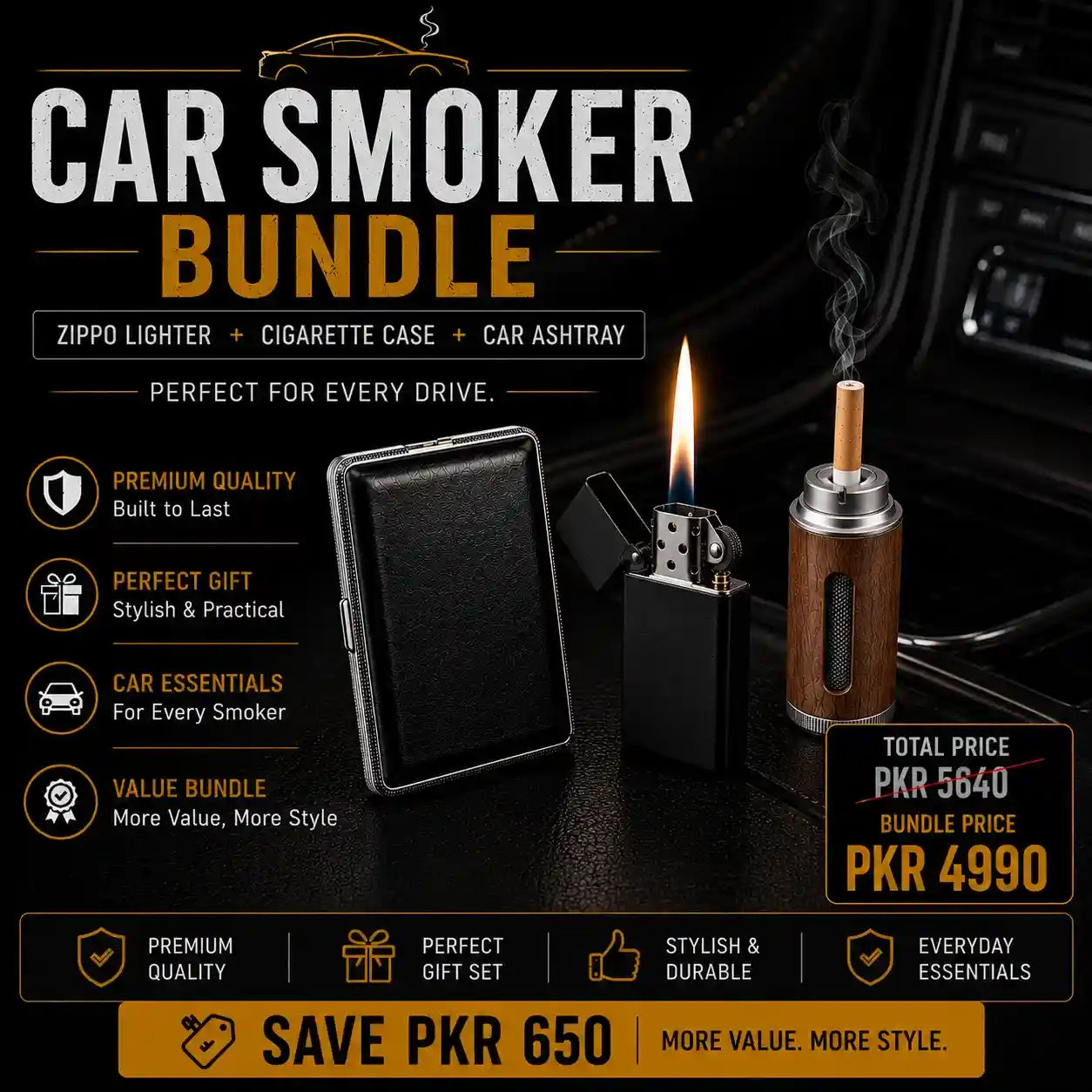 Car smoker bundle with Zippo lighter, cigarette case, and car ashtray on a dark background.