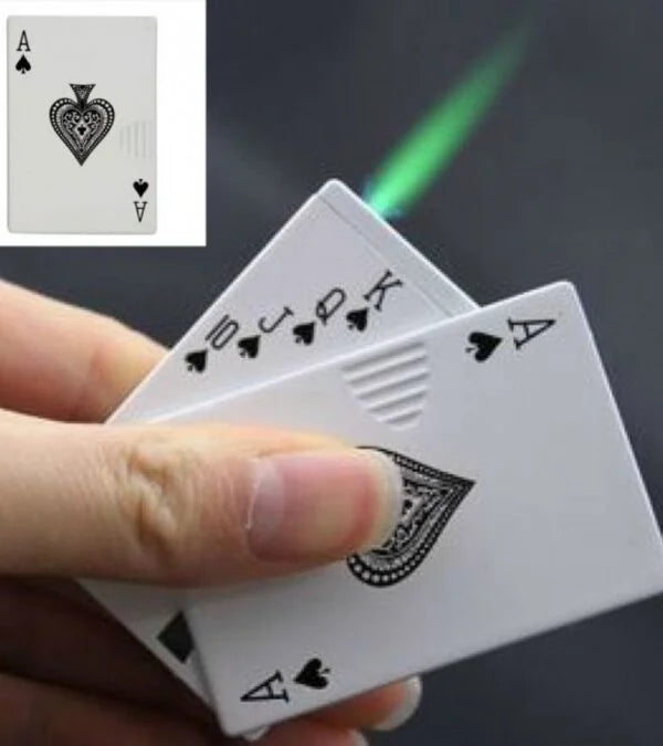 Playing cards Lighter with Green Flame in a hand holding them