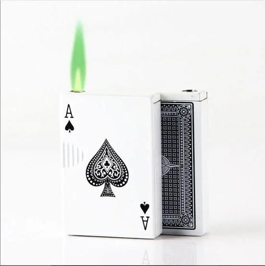 Playing card design lighter with green Flame with ace of spades on a white background