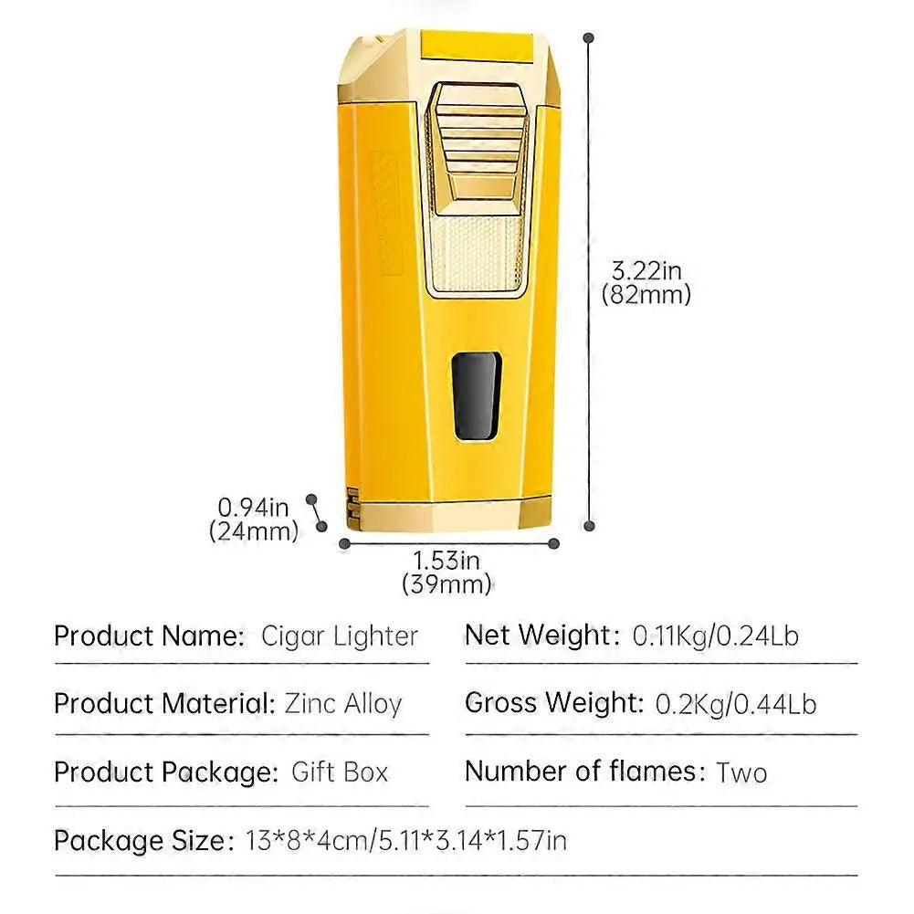Yellow cigar lighter with dimensions and product details on a white background