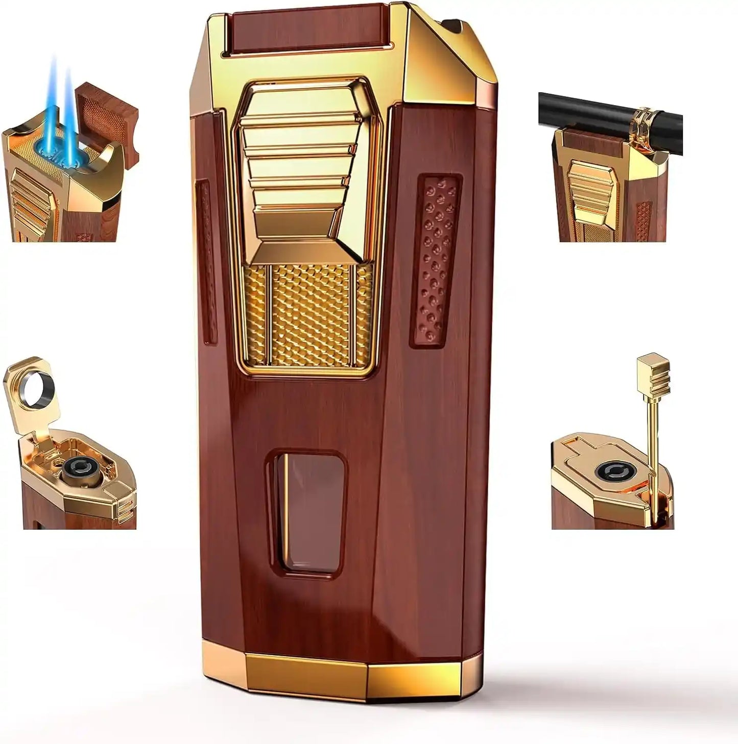 Wooden and gold lighter with close-up details on a white background