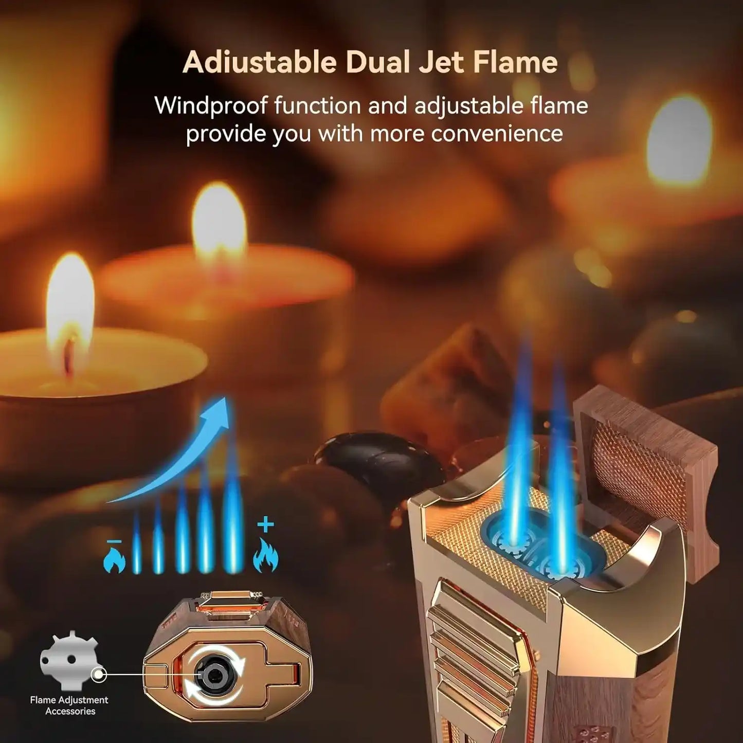 Adjustable dual jet flame lighter with candles in the background