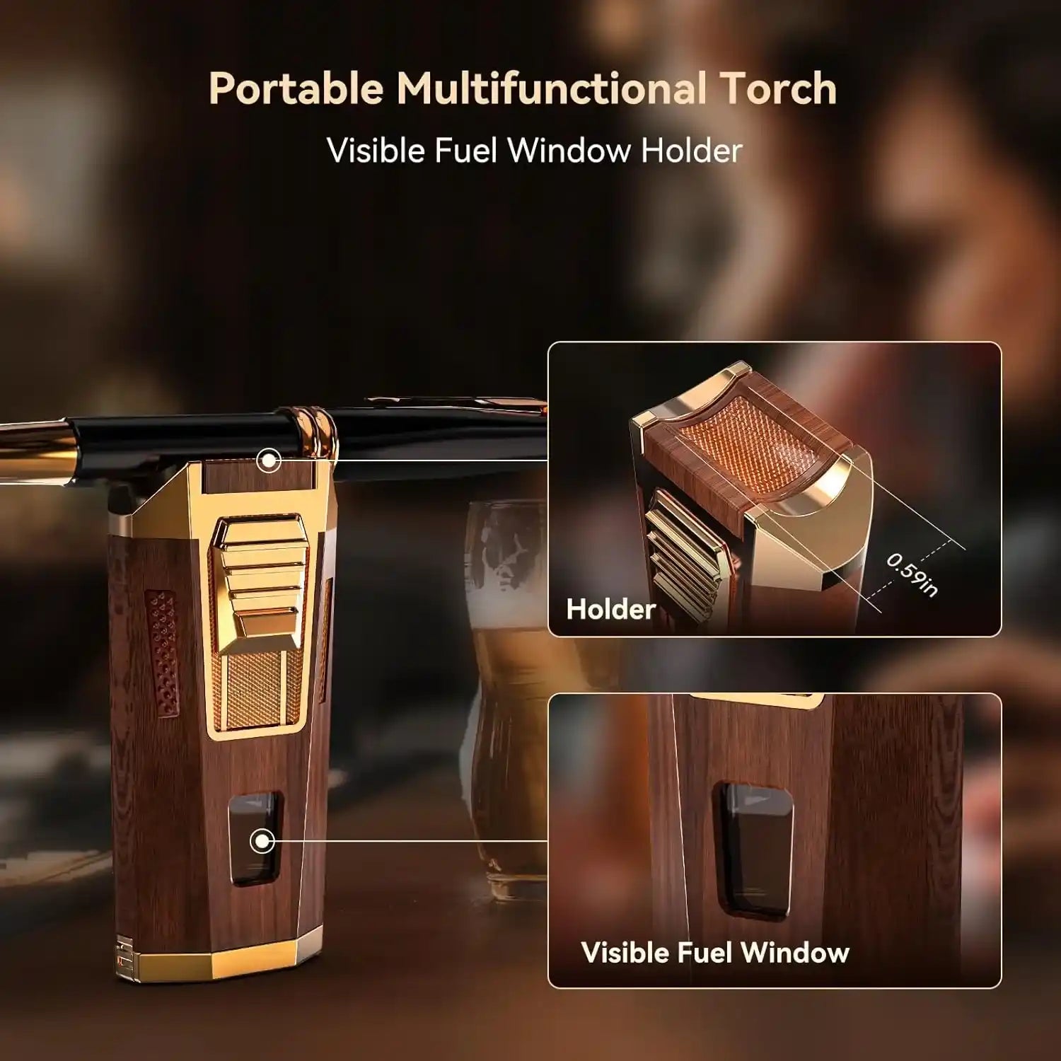 Portable multifunctional torch with visible fuel window holder on a dark background
