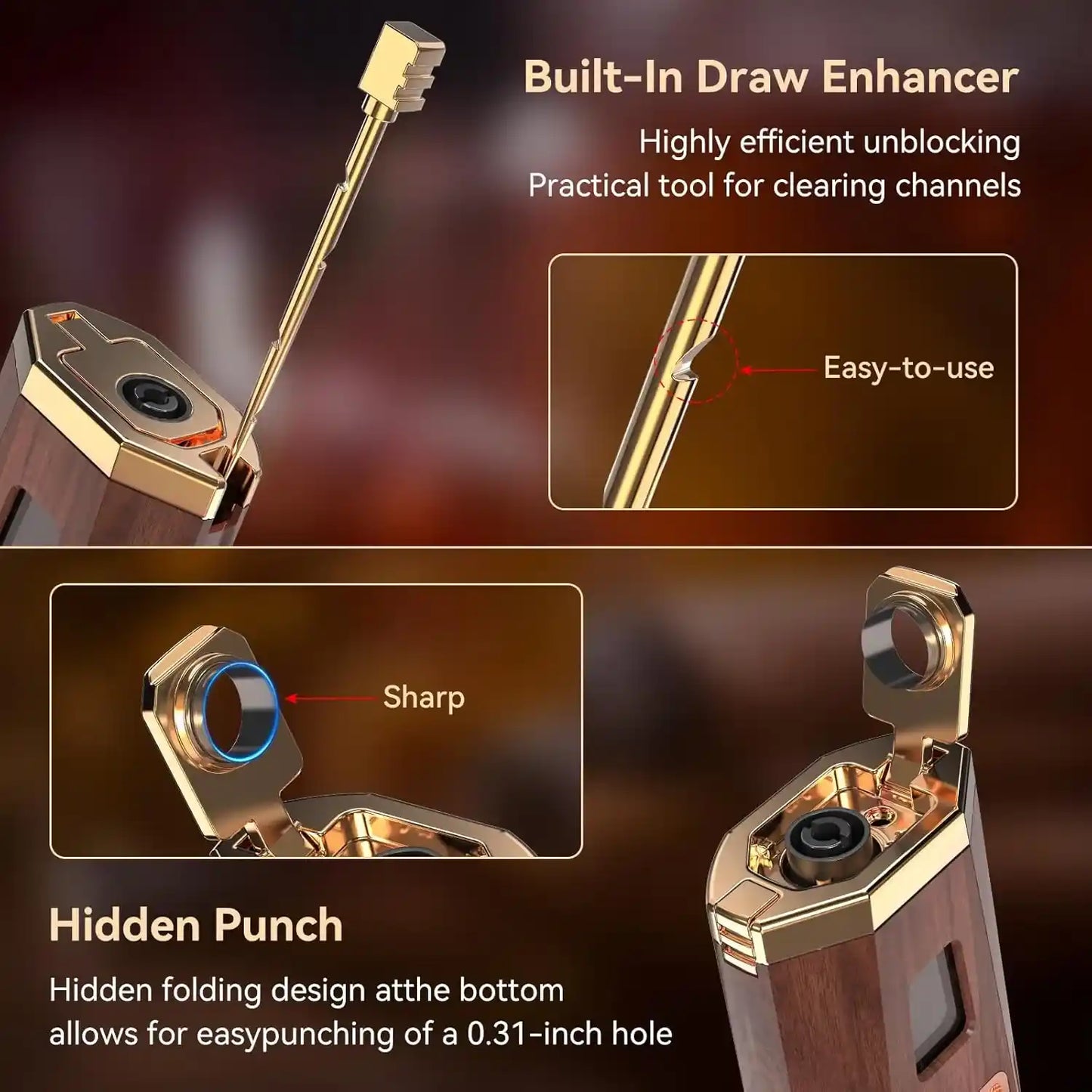 Wooden tool with gold accents and text highlighting features like 'Built-In Draw Enhancer' and 'Hidden Punch'.