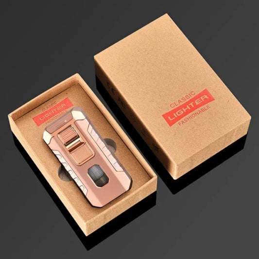 Rose gold lighter in a brown box with 'Classic Lighter Fashionable' text on a dark background