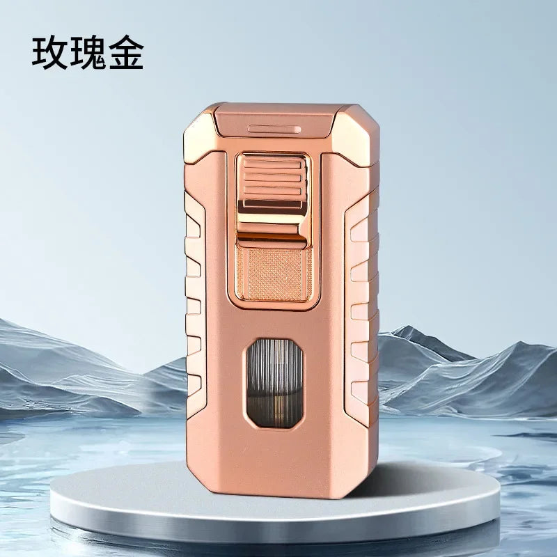 Rose gold lighter on a blue gradient background