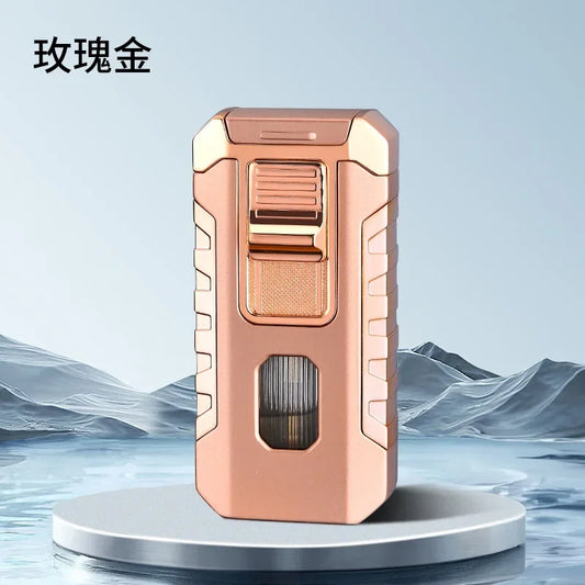 Rose gold lighter on a blue gradient background