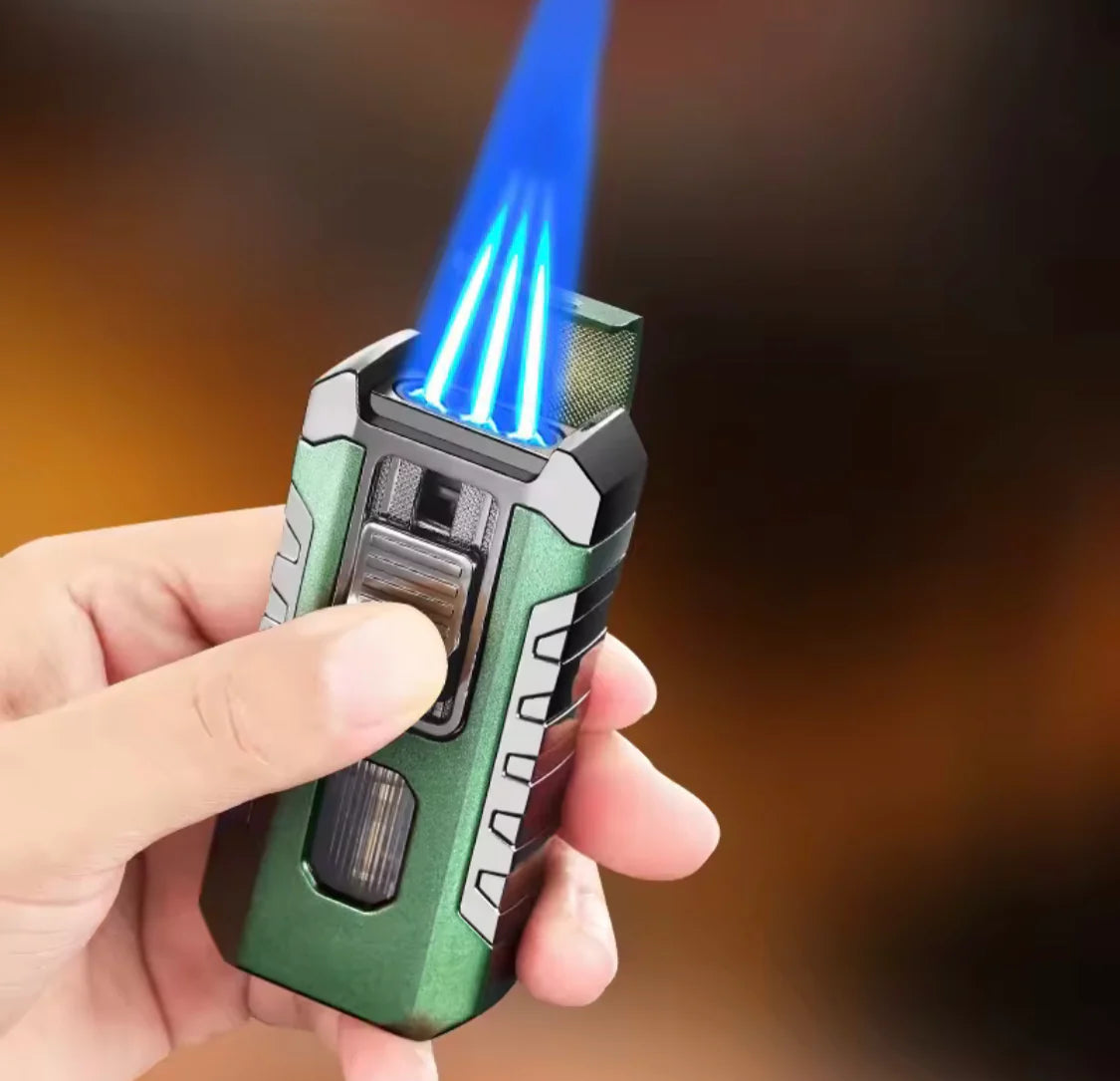 Hand holding a green lighter with blue flame against a blurred background