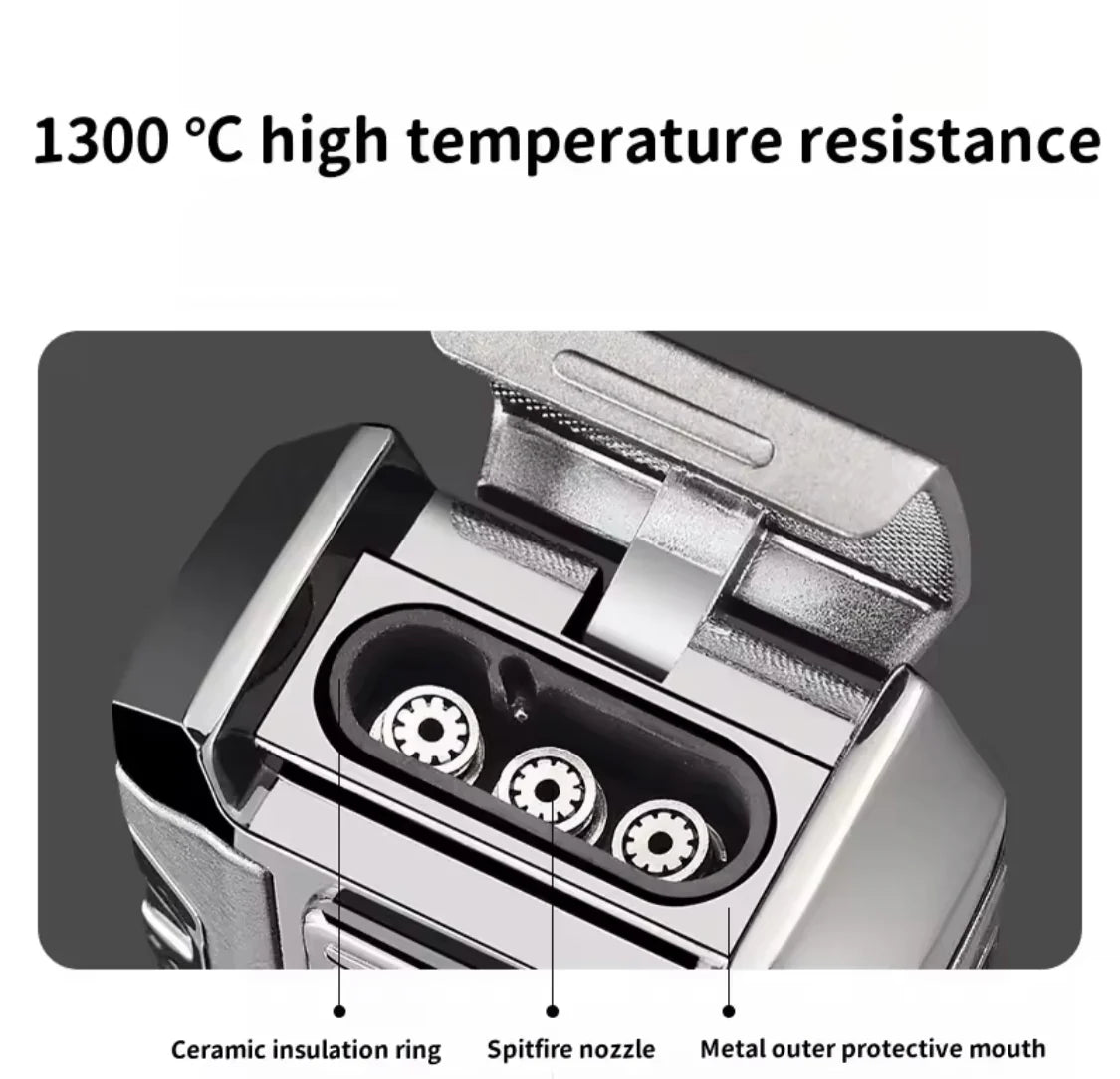 Close-up of a high-temperature lighter with labeled components on a dark background.