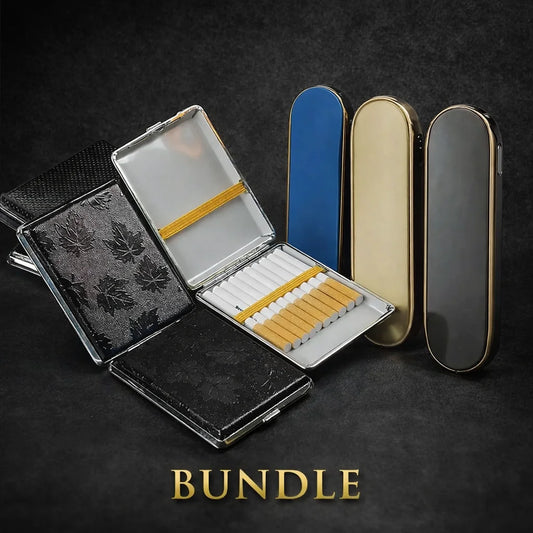 Collection of cigarette cases on a dark background with 'BUNDLE' text.