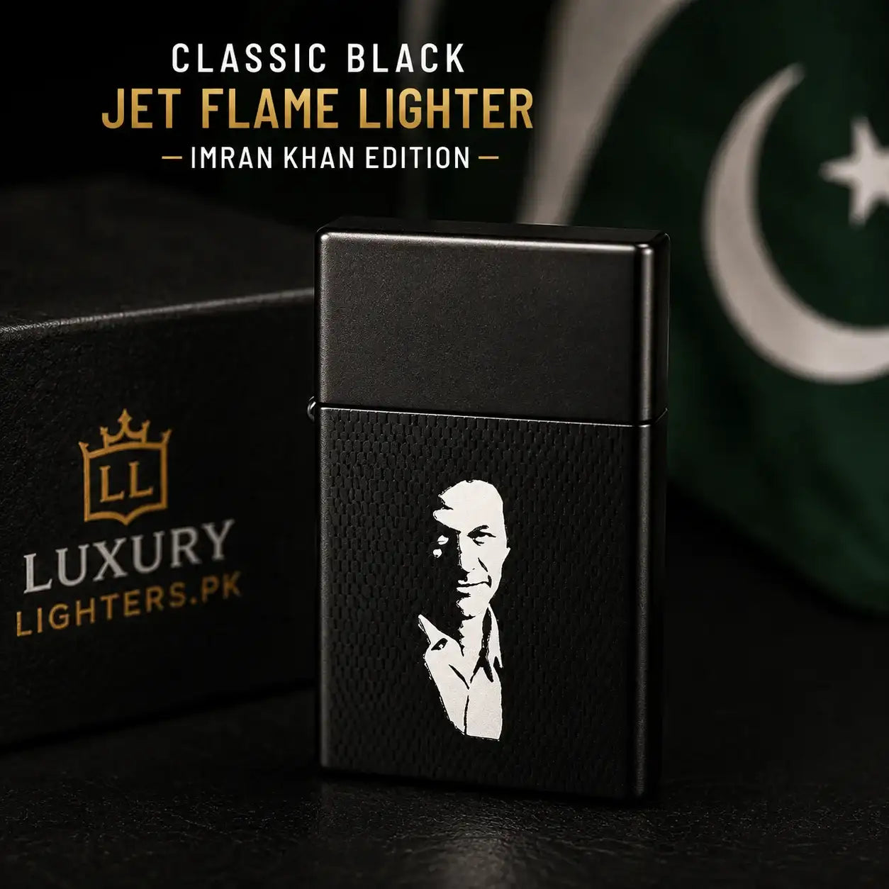 A black jet flame lighter with a white portrait engraving, shown next to its branded black box. The lighter has a textured black finish and features a white silhouette of Imran Khan.