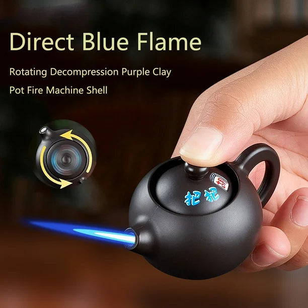Hand holding a black fire machine with blue flame, featuring text about its features.
