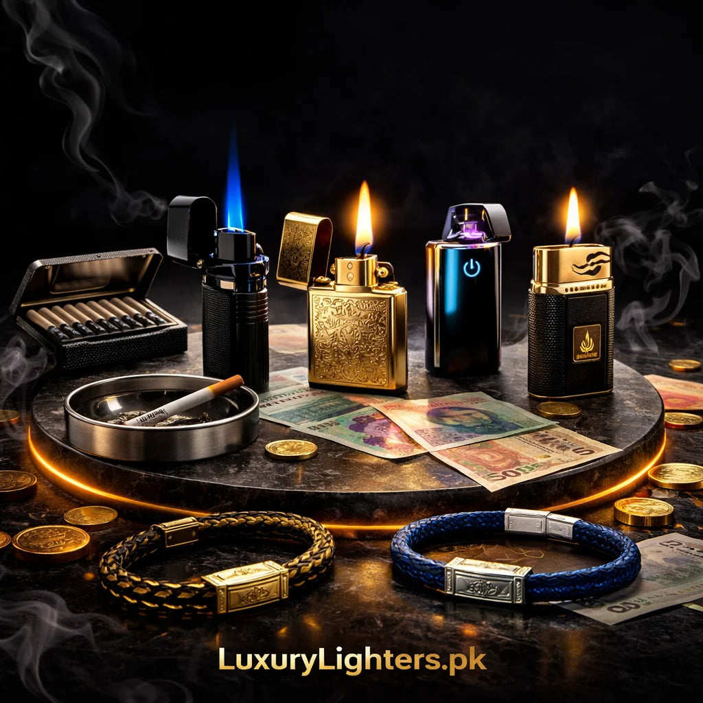 Collection of luxury lighters, cigarettes Case, and Bracelets on a dark surface with 'LuxuryLighters.pk' branding.