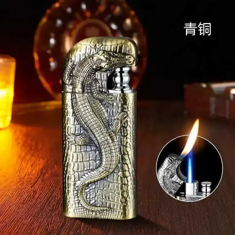 Decorative lighter with dragon design on a wooden surface, showing flame.
