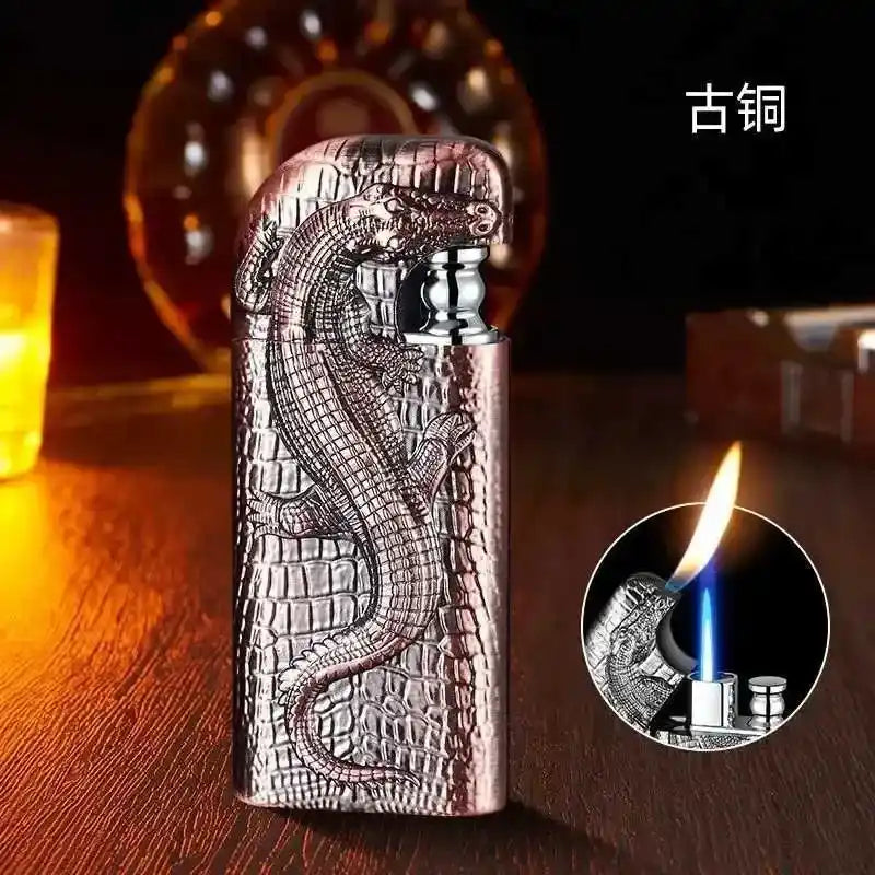 Decorative lighter with dragon design on a wooden surface, showing flame.