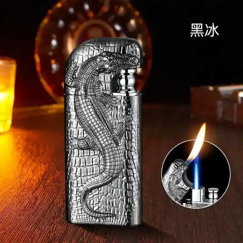 Dragon-themed lighter on a wooden surface with a blurred background