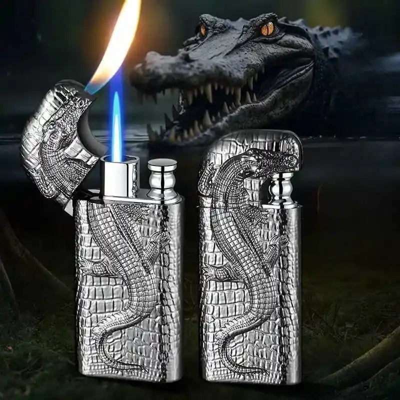 Crocodile-themed lighter with a lit flame and crocodile in the background