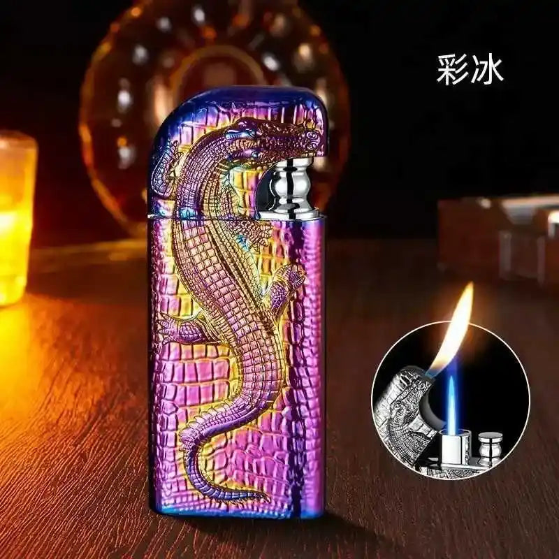 Colorful lighter with crocodile design on a wooden surface