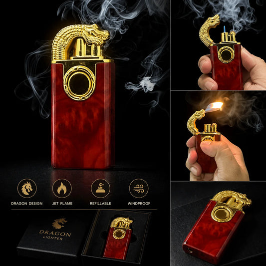 Red and gold lighter with dragon design, held in hand with smoke, displayed in packaging.