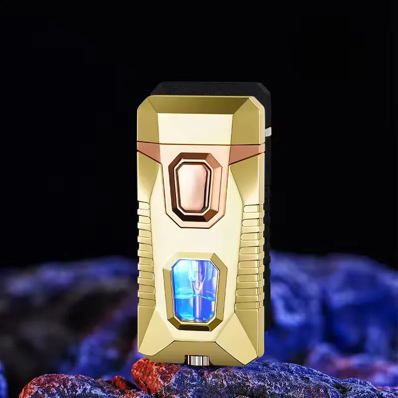 Golden Double Flame Lighter with blue Light on flue tank
