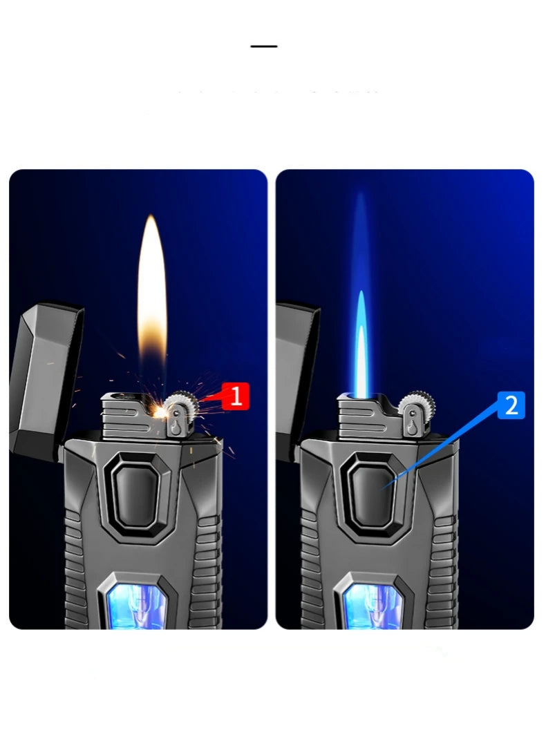 Double Flame Lighter with blue Light on flue tank showing two types of flame in lighter