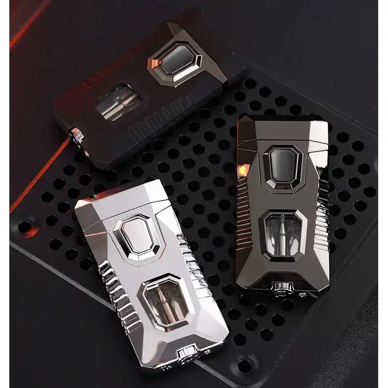 Double Flame Lighter in three different color on dark background