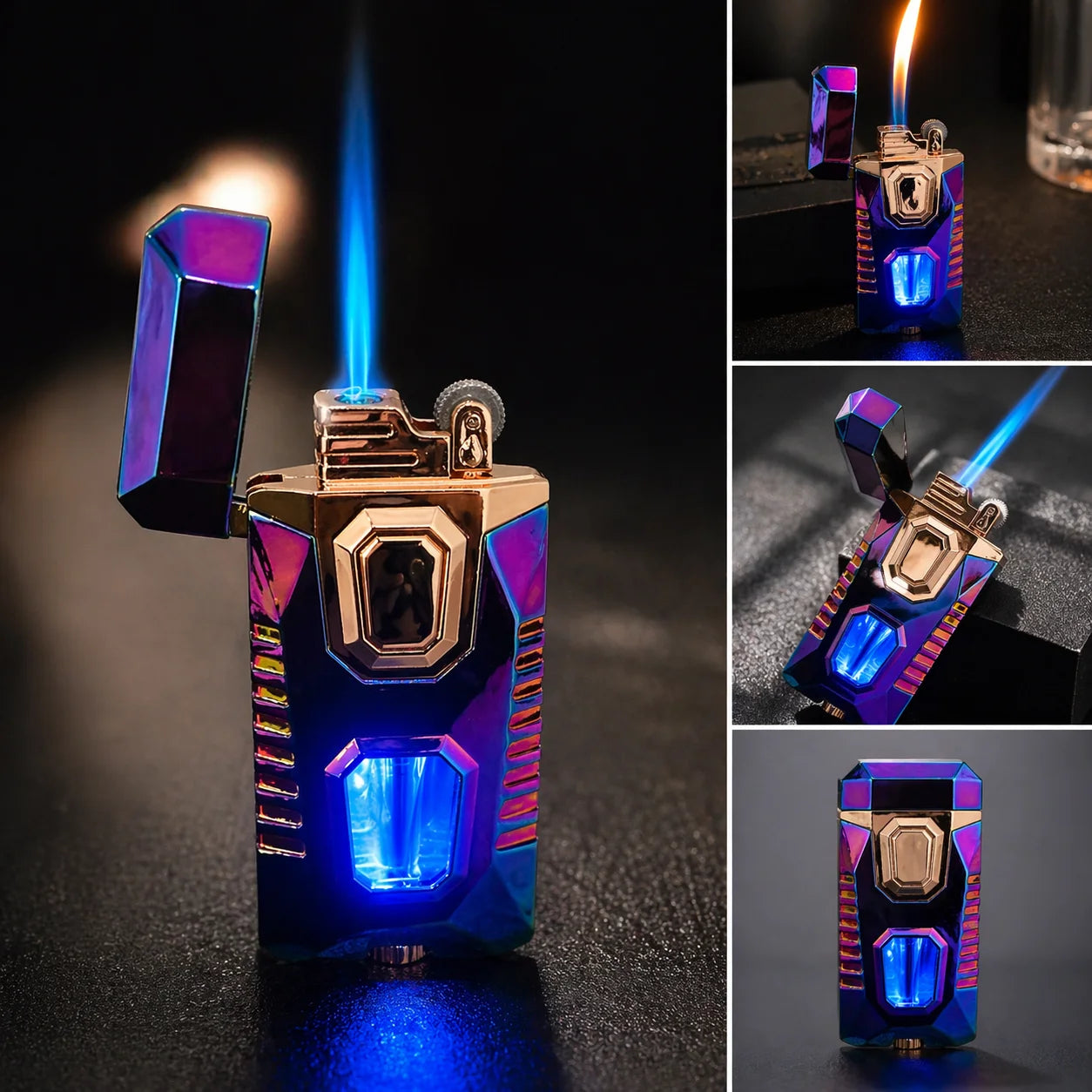 Multicolored lighter with blue flames on a dark background