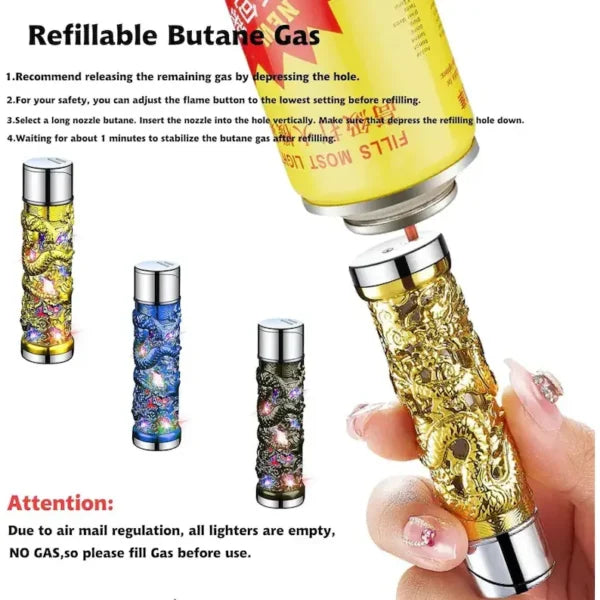 Decorative refillable butane gas lighter with colorful designs and a hand holding it.