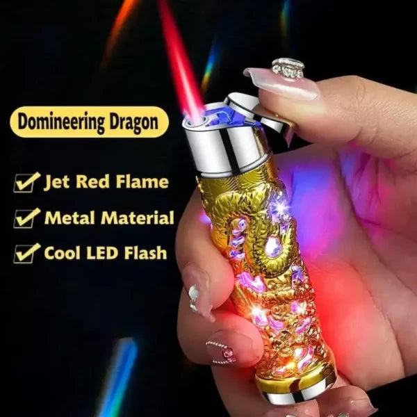 Lighter with colorful LED flash held by a hand, Dragon Design Red Flame Lighter