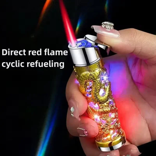 Colorful lighter with red flame being held by a hand against a dark background