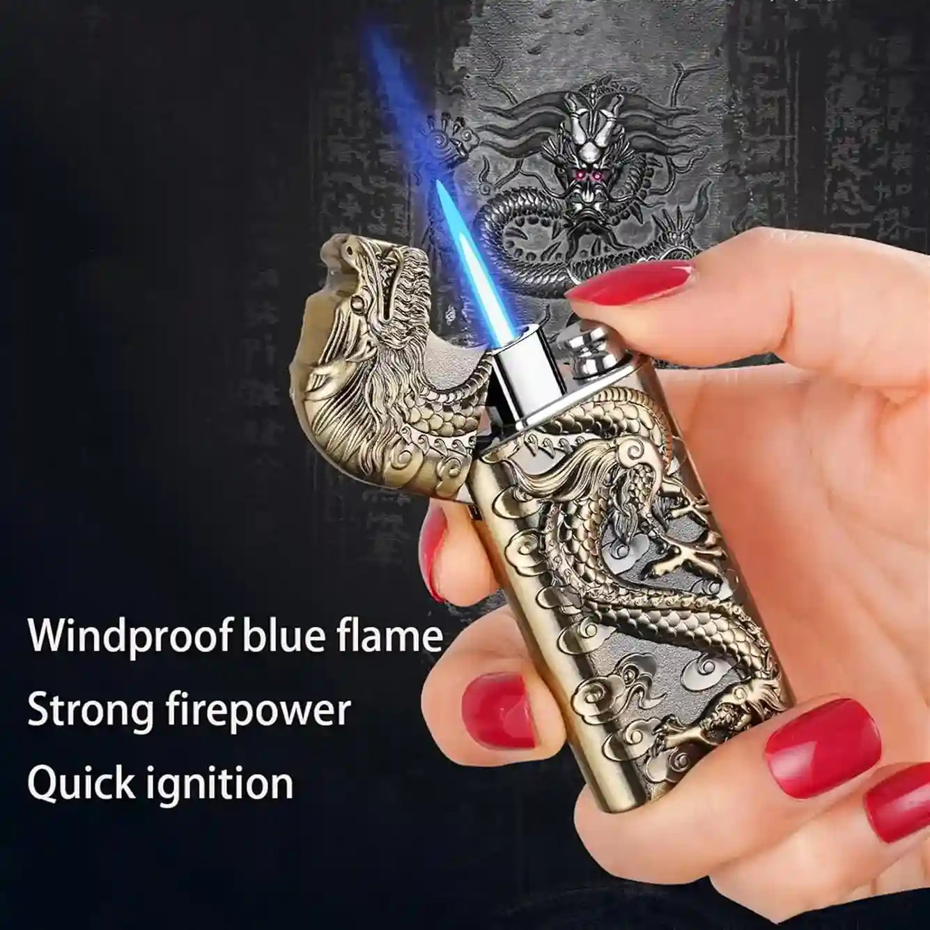 Decorative lighter with dragon design being held by a hand, against a dark background with a dragon illustration.