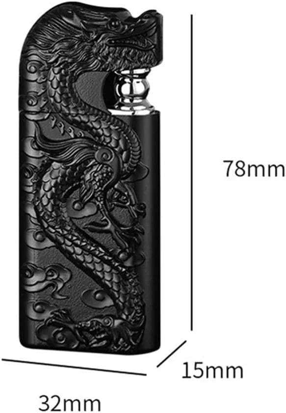 Dragon-shaped lighter with measurements on a white background