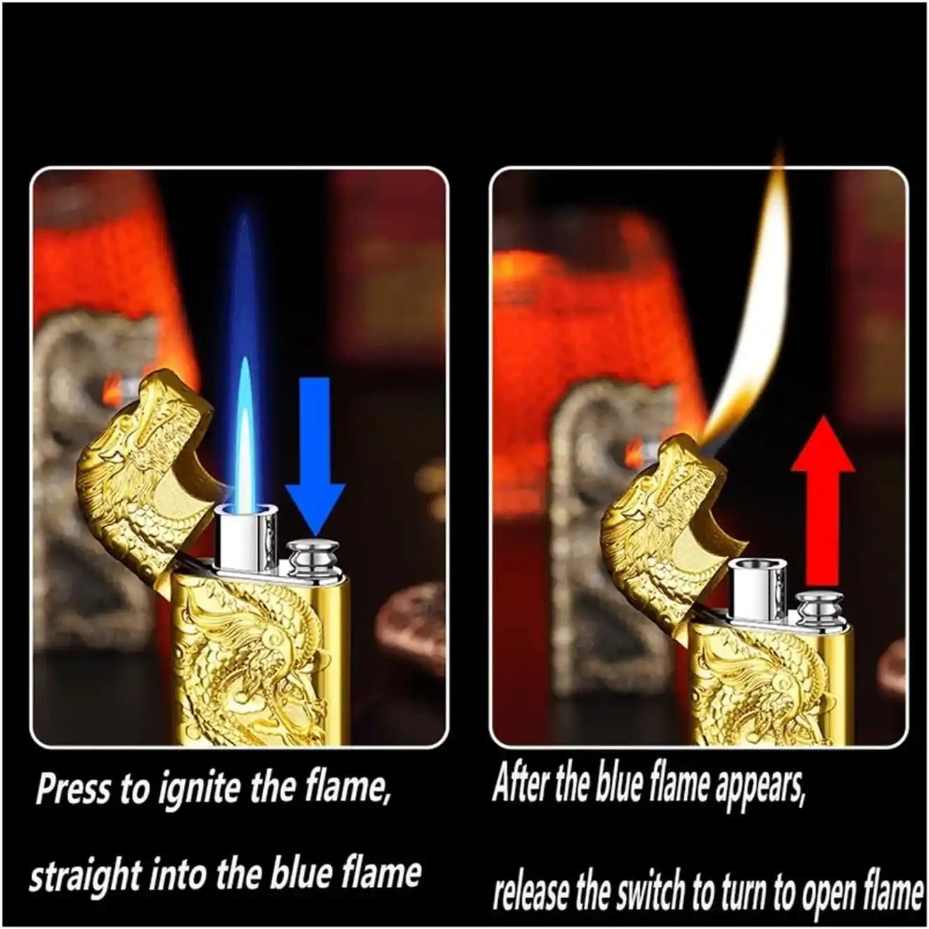 Gold lighter with blue flame and instructions on how to use it.