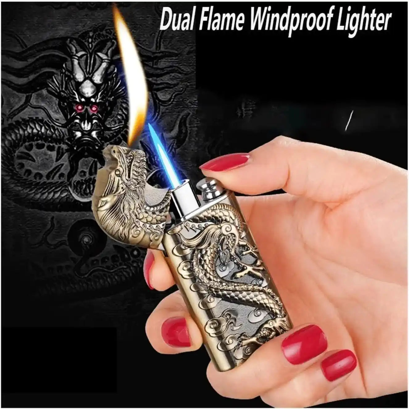 Dual flame windproof lighter with dragon design being ignited by a hand.