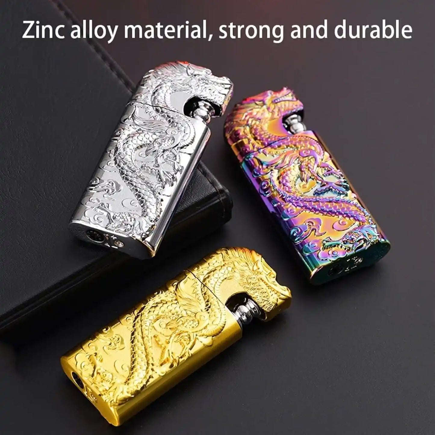 Three decorative lighters in gold, silver, and multicolor on a dark background with text 'Zinc alloy material, strong and durable'.