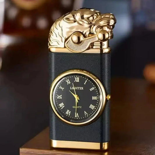 Decorative clock with gold dragon design  Lighteron a dark background