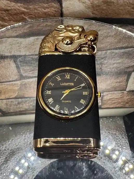 Decorative clock with gold dragon design  Lighteron a dark background