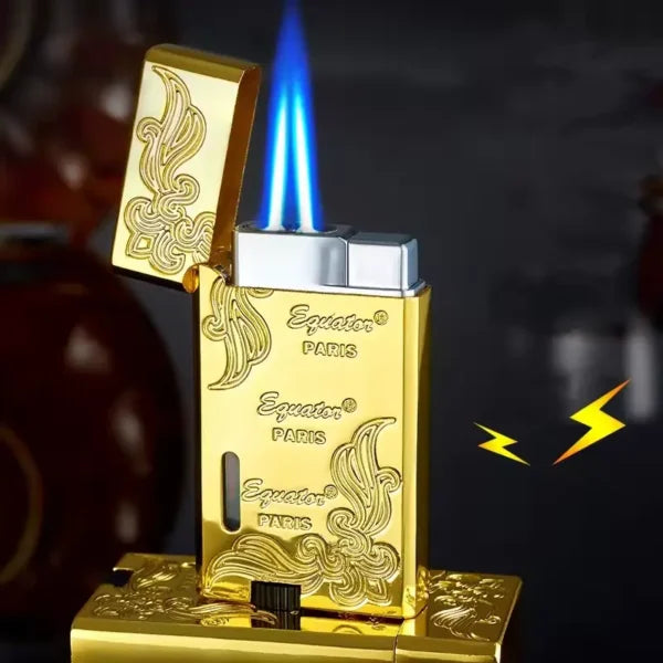 Gold lighter with blue flame on a dark background