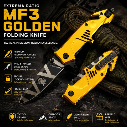 Extrema Ratio MF3 Golden folding knife with features listed on a dark background