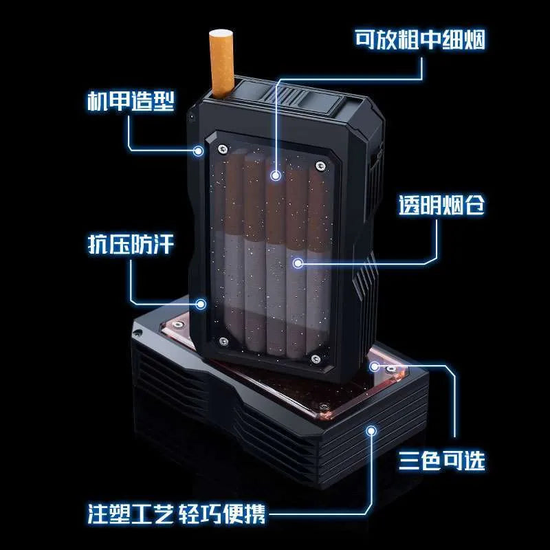 Cigarette Case with labeled features on a black background