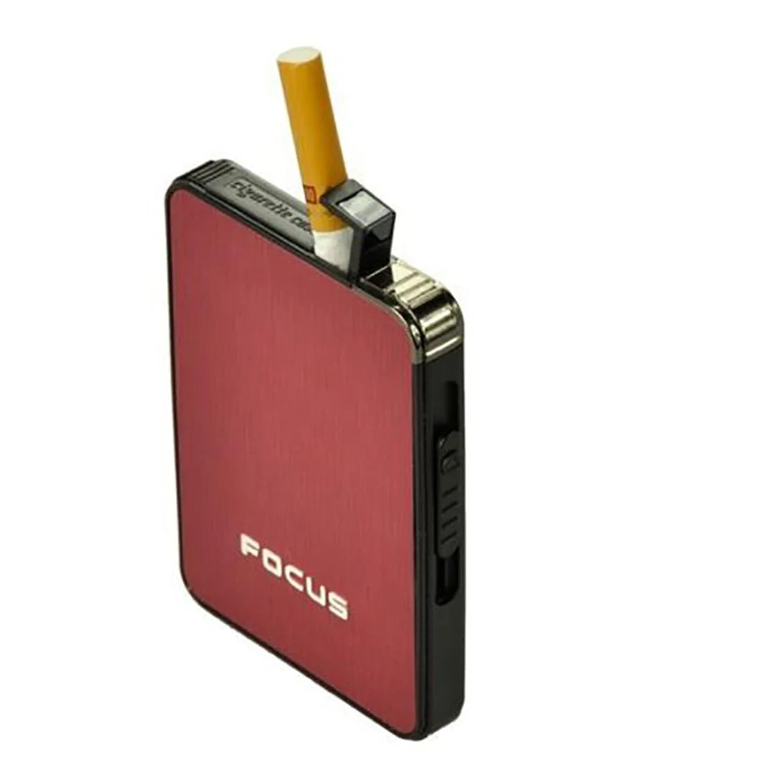 Red cigarette case with a lit cigarette on a white background
