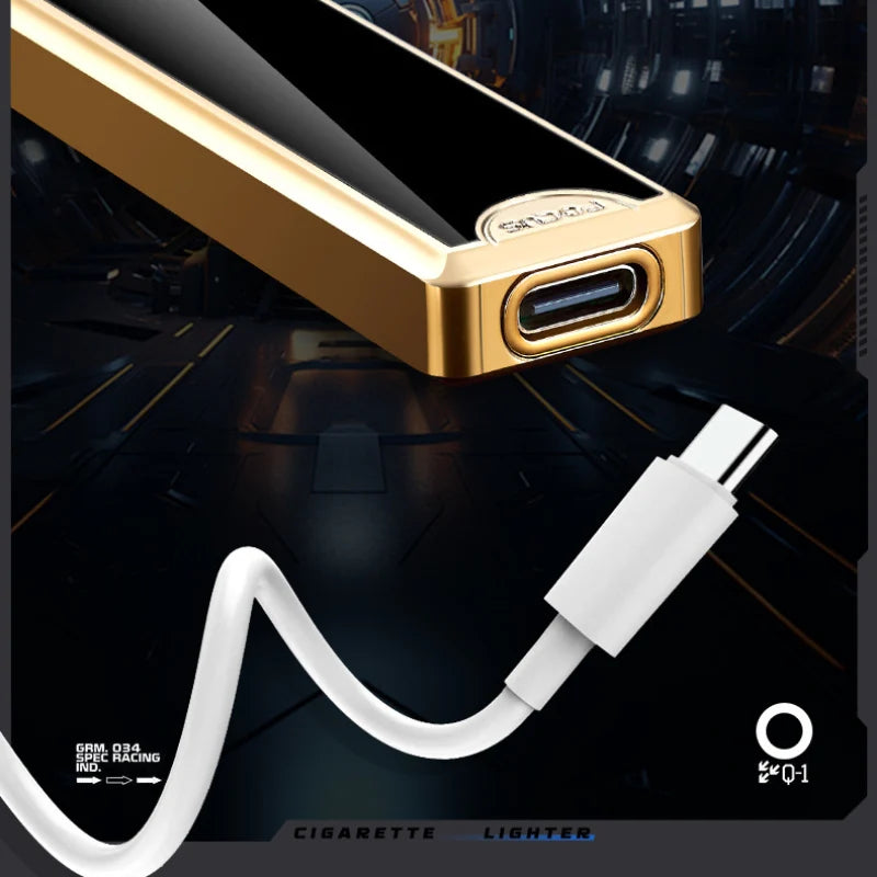 Gold lighter with USB cable on a dark background