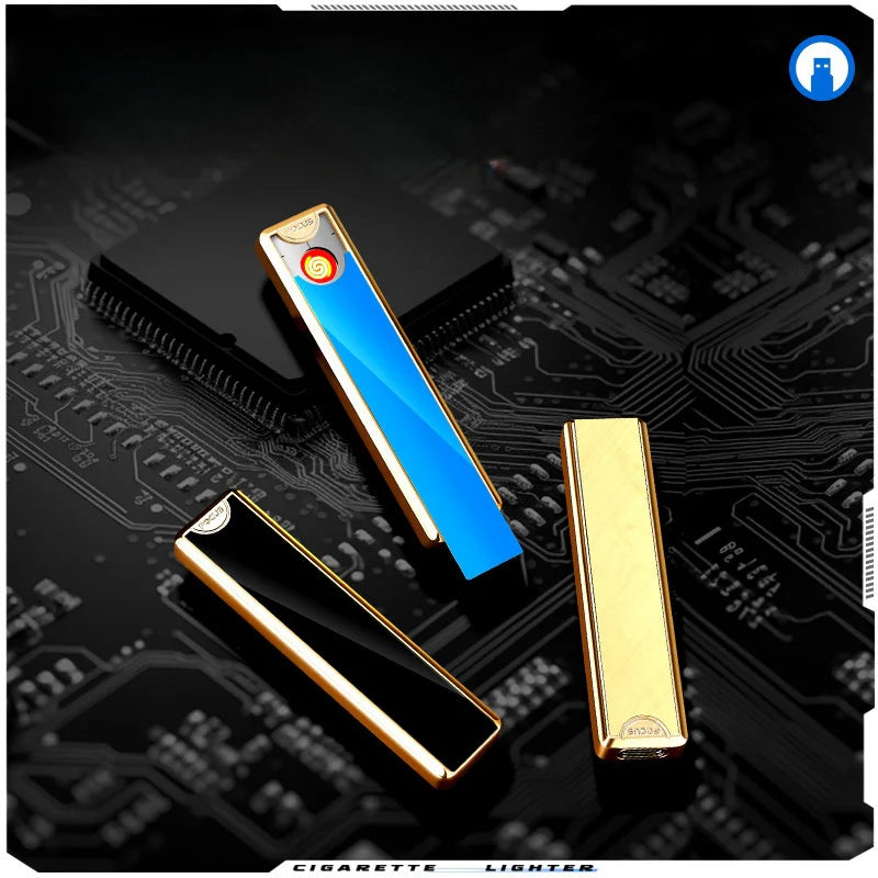 Cigarette lighter with blue and gold design on a circuit board background