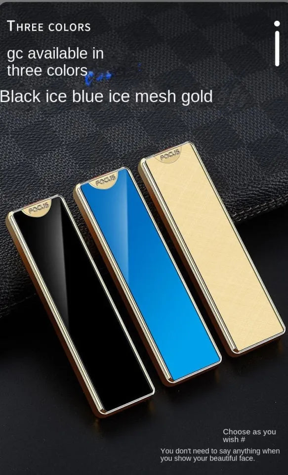 Three lighter in black, blue, and gold on a textured black background.