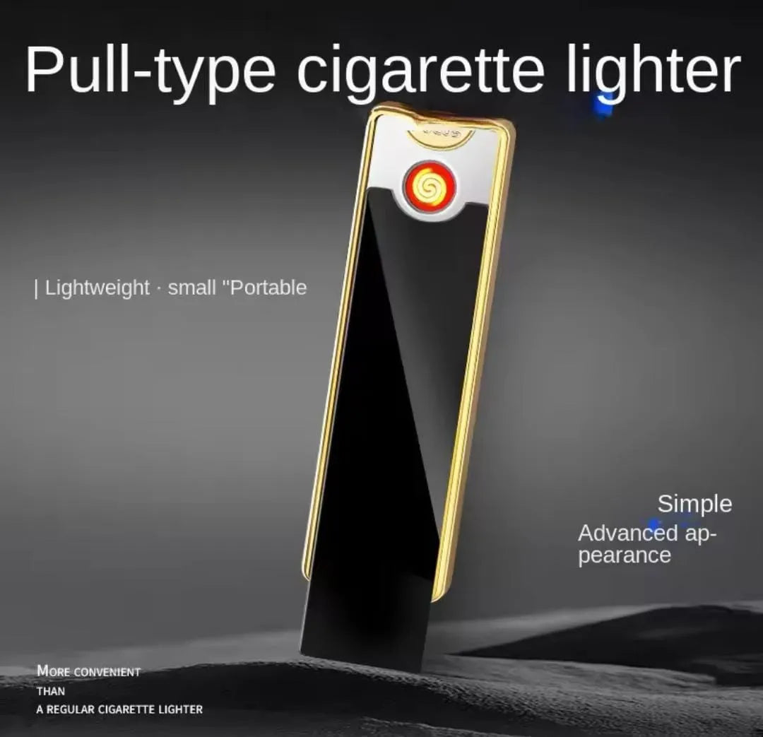 Pull-type cigarette lighter with gold trim on a dark background