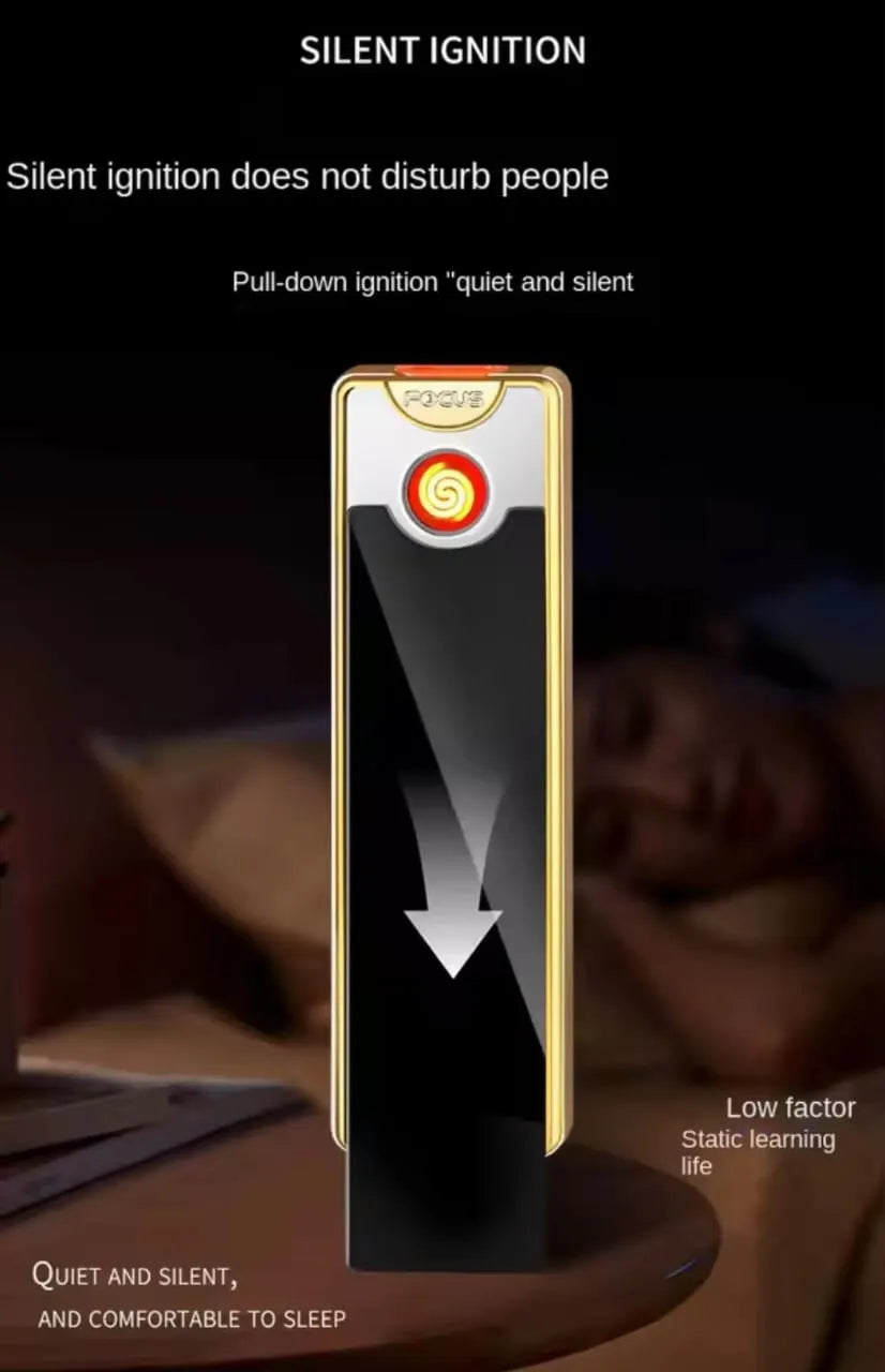 Silent ignition device with text on a dark background