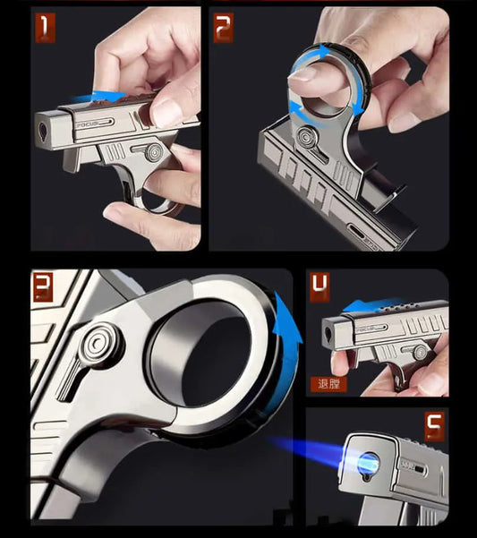 Collage of a gun lighter with a metallic ring being attached, showing close-up details.